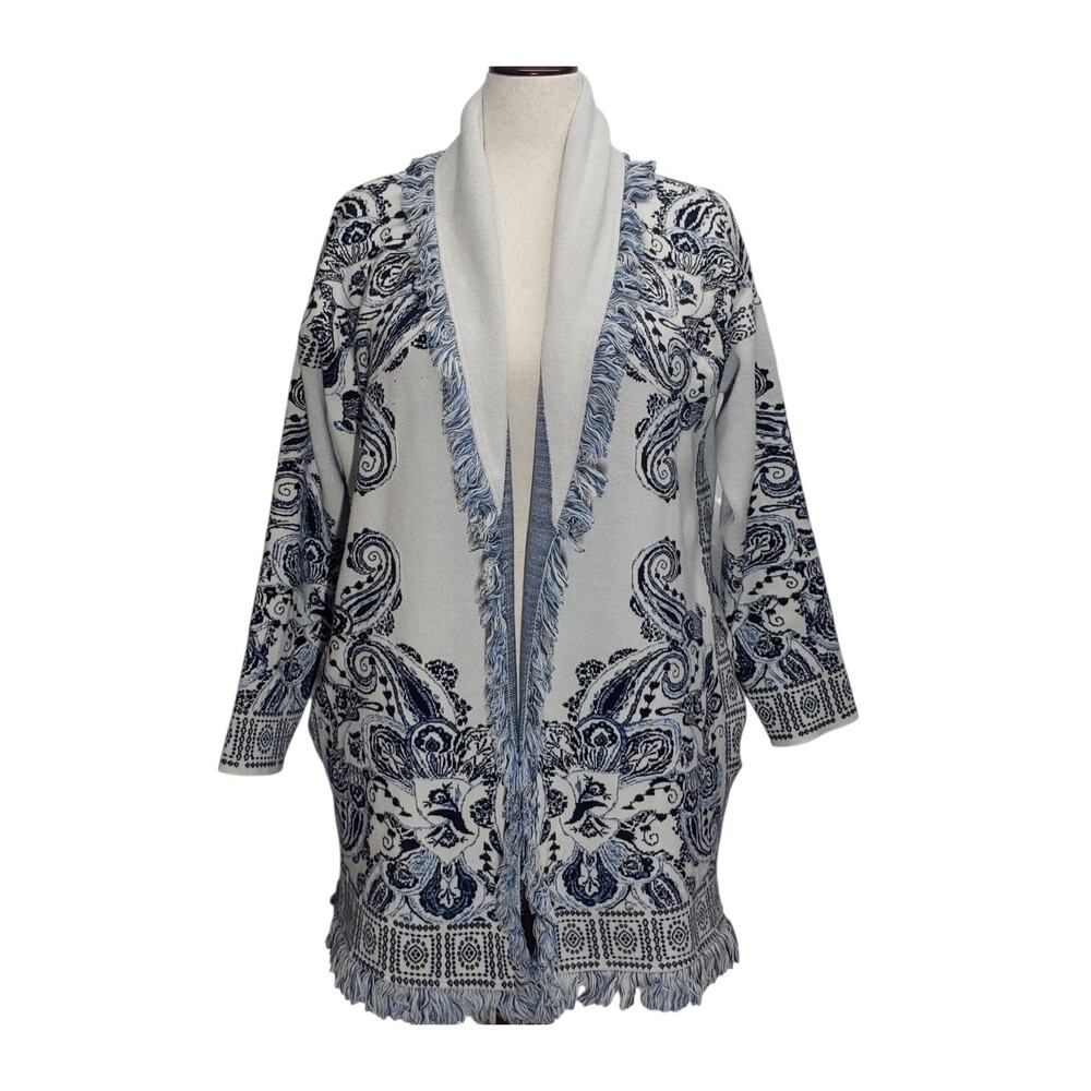 Chicos Coastal Grandma Indigo Paisley Tile Duster Kimono Cardigan Jacket 2 Large